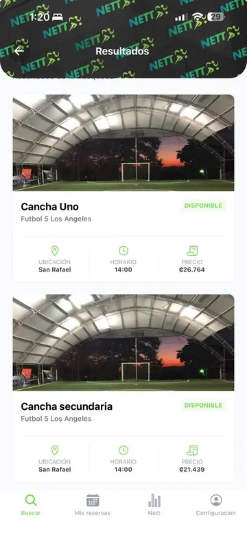 Animación de la app: lista de canchas con precios en oferta.