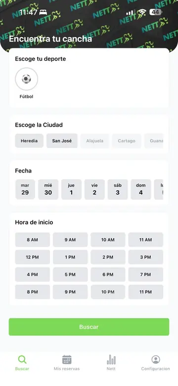 Animación de la app: buscar una cancha, elegir un horario y confirmar la reserva.